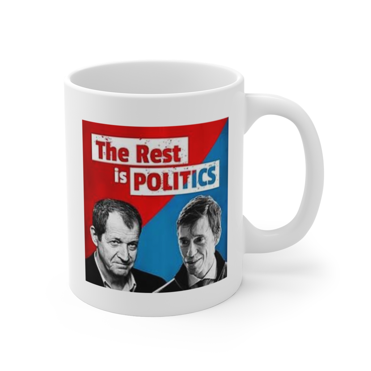 Black and White Portrait Mug | Red Background Photo Art, 11oz Ceramic | The Rest is Politics Podcast — official The Rest Is Politics Mugs & Drinkware